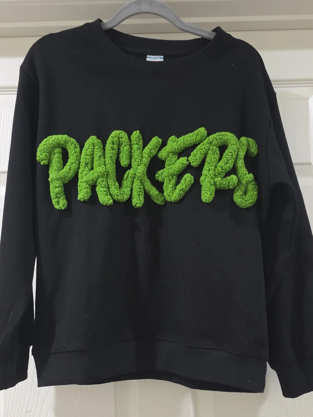 Black Unisex Crewneck Sweater with Green Chenille 